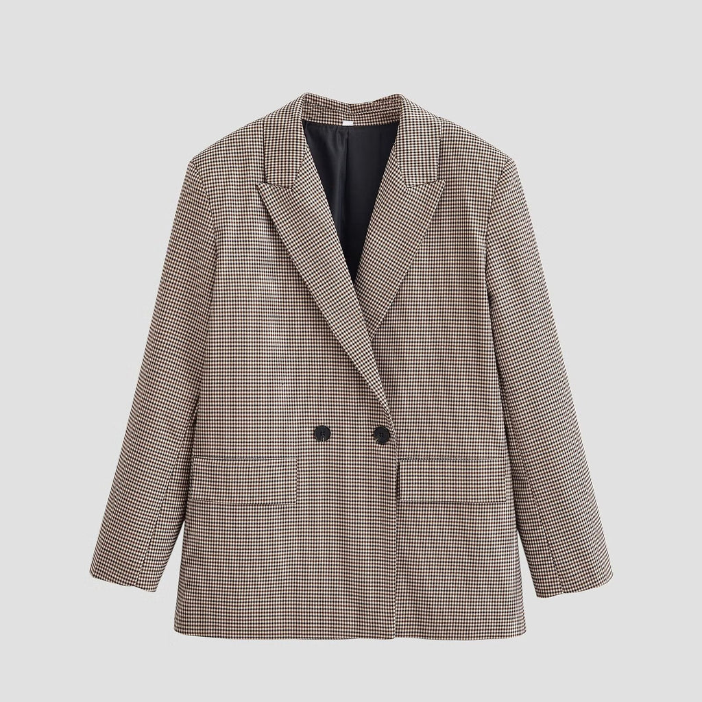 Women's Double-Breasted Oversized Blazer with Houndstooth Check and Flap Pockets Fashion Glam