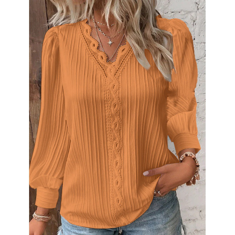 Women Pleated V-Neck Blouse with Lace Trim and Balloon Sleeves Fashion Glam
