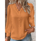 Women Pleated V-Neck Blouse with Lace Trim and Balloon Sleeves Fashion Glam