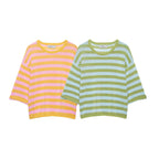 Women's Striped Oversized Knit Sweater with Wide Three-Quarter Sleeves and Round Neckline Fashion Glam