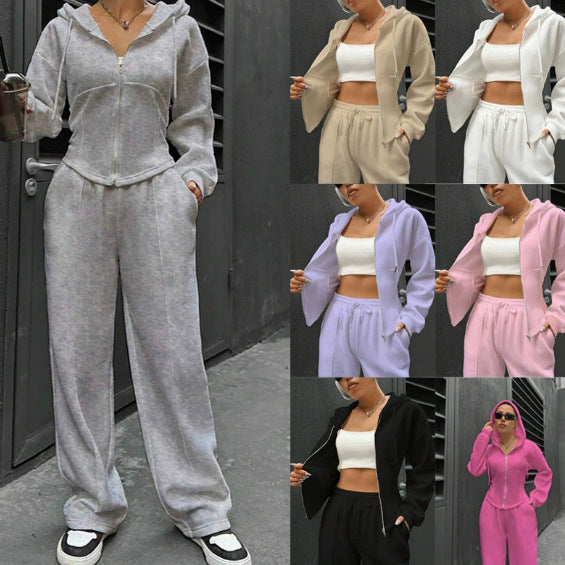 Women’s loungewear set with fitted hooded jacket and loose fleece jogging pants Fashion Glam