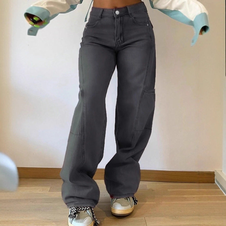 Women's High-Waist Wide Cargo Denim Pants with Seam Panels and Baggy Silhouette Fashion Glam