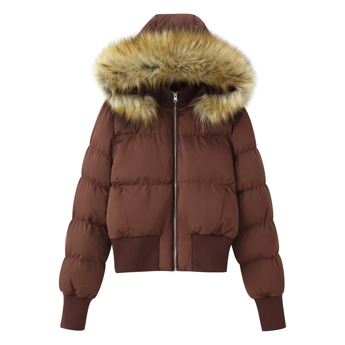 Women's Padded Cropped Bomber Jacket with Hood and Removable Faux Fur Trim Fashion Glam