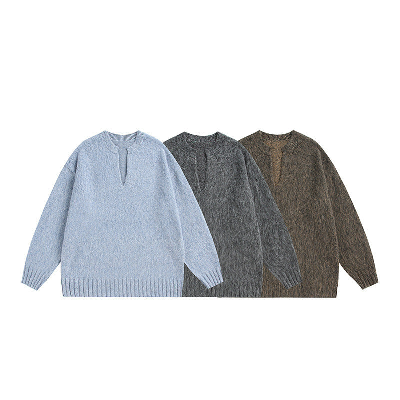 Unisex Oversize Fleece Sweater with V-Slit Collar and Boucle Look Fashion Glam