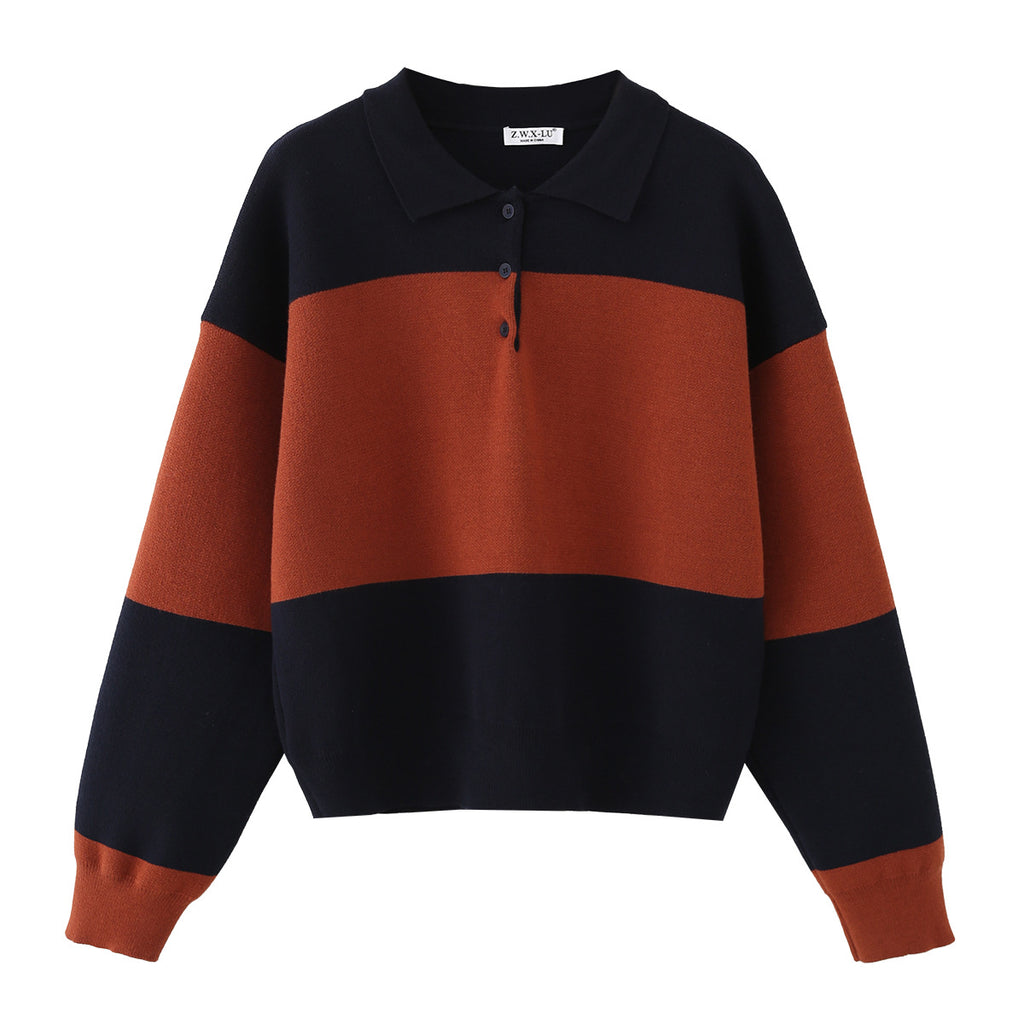 Women Oversized Polo Collar Sweater with Block Stripes Fashion Glam
