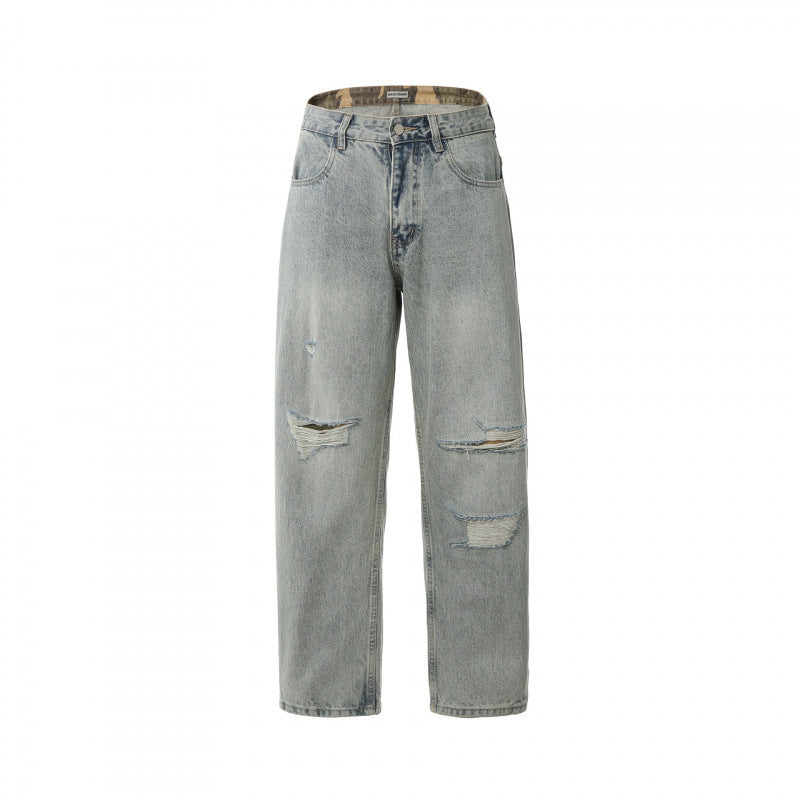 Men's Casual Straight-Leg Jeans with Used Wash and Destroyed Details Fashion Glam