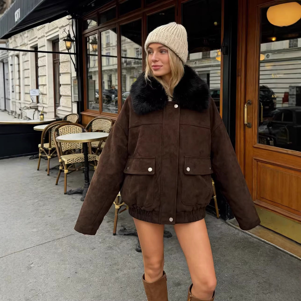 Women's Oversize Bomber Jacket made of Suede Imitation with Large Faux Fur Collar Fashion Glam