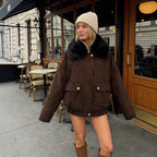 Women's Oversize Bomber Jacket made of Suede Imitation with Large Faux Fur Collar Fashion Glam