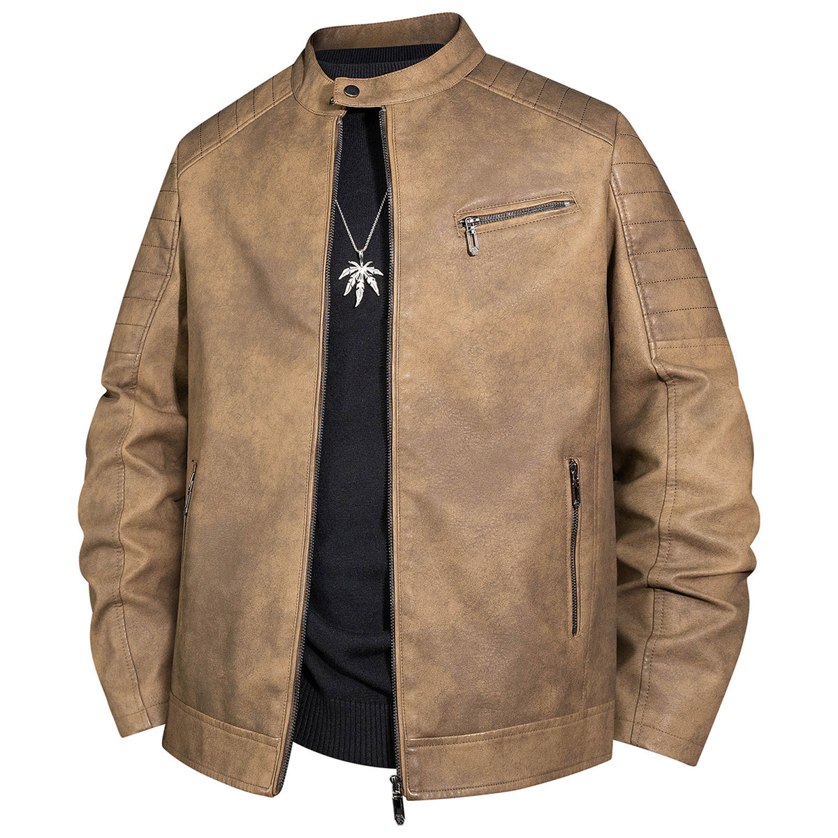Men's biker jacket made of faux leather with stand-up collar and quilted shoulder Fashion Glam