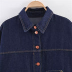 Women's Oversized Denim Jacket with Boxy Cropped Cut, Patch Pockets and Contrast Stitching Fashion Glam