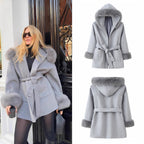 Women's Hooded Wool Blend Coat with Tie Belt and Faux Fur Trim Fashion Glam