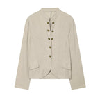 Women Boxy Linen Blazer with Stand Collar, Decorative Button Placket and Patch Pockets Fashion Glam