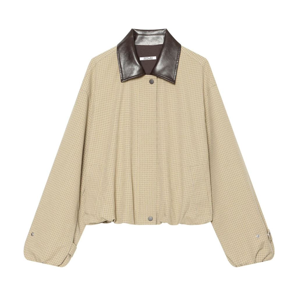 Women's Oversize Boxy Jacket with Check Pattern, Faux Leather Lapel and Drawstring Hem Fashion Glam