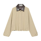 Women's Oversize Boxy Jacket with Check Pattern, Faux Leather Lapel and Drawstring Hem Fashion Glam