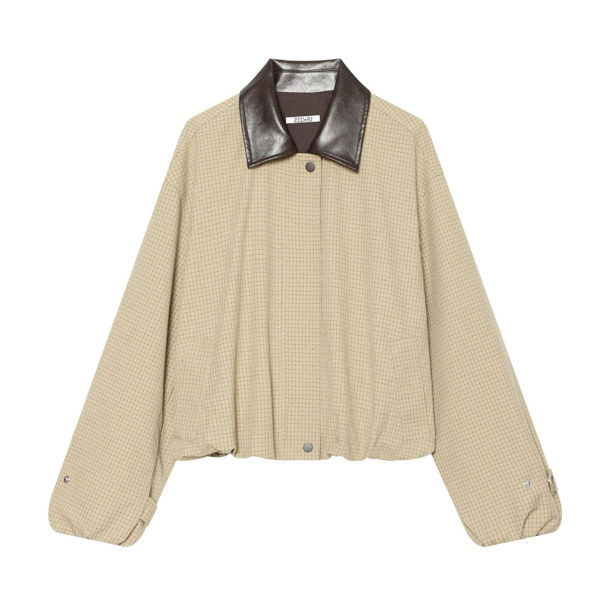 Women's Oversize Boxy Jacket with Check Pattern, Faux Leather Lapel and Drawstring Hem Fashion Glam