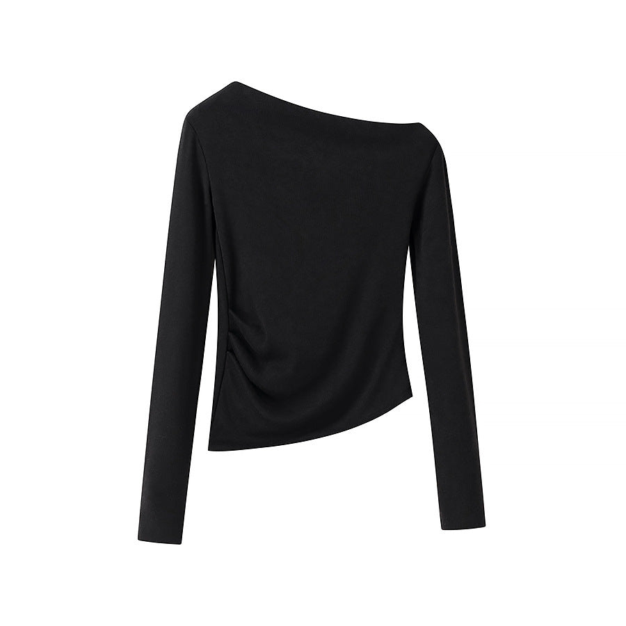 Women's Asymmetrical One-Shoulder Long Sleeve Shirt with Side Gathering Fashion Glam