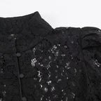 Ladies short-cut transparent lace blouse with stand-up collar, fabric button placket and gathered puff sleeves Fashion Glam