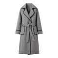 Women Tailored Wrap Coat made of Wool Blend with Decorative Wave Trim and Tied Belt Fashion Glam