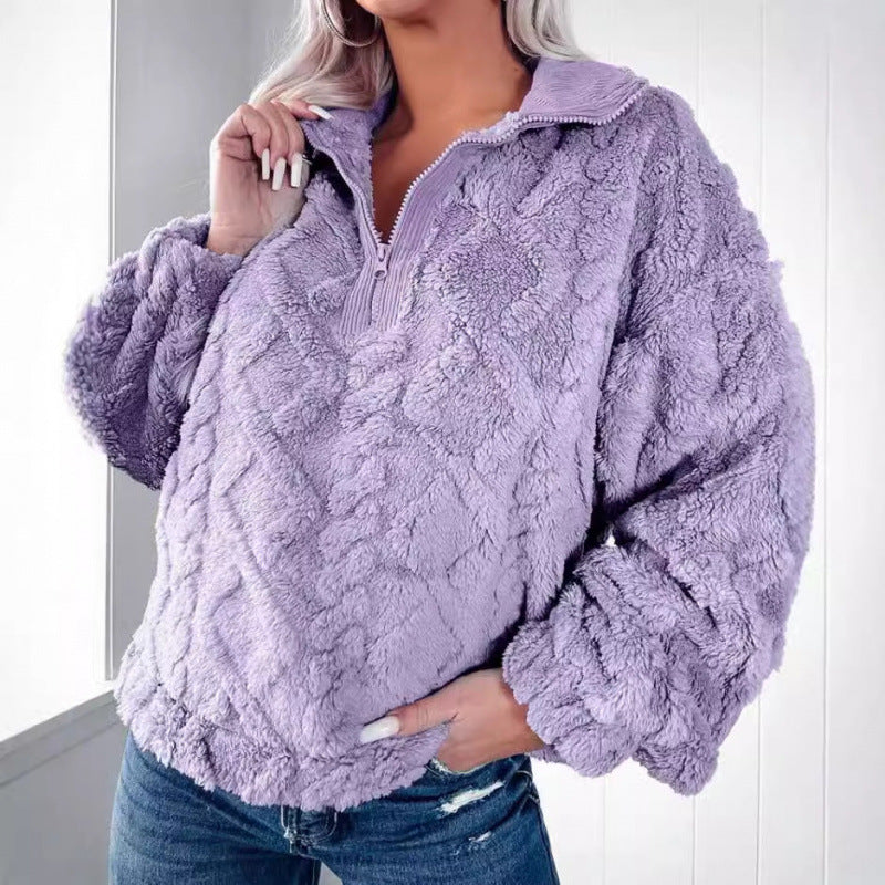 Ladies plush sweater in teddy look with half zipper and structured diamond pattern Fashion Glam