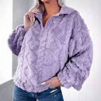 Ladies plush sweater in teddy look with half zipper and structured diamond pattern Fashion Glam