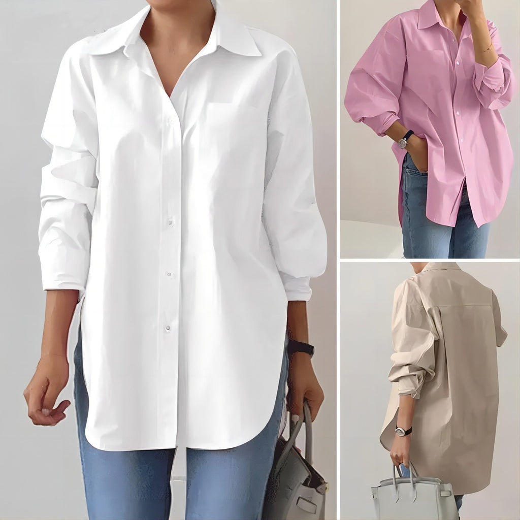 Women's Oversized Shirt Blouse with Extended Hem and Side Slits Fashion Glam