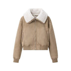 Women's Short Suede Look Bomber Jacket with Teddy Collar and Ribbed Cuffs Fashion Glam