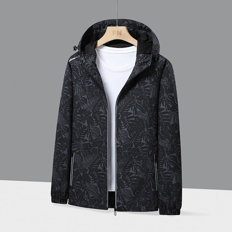 Men's Lightweight Hooded Windbreaker with Botanical Allover Print and Elastic Cuffs Fashion Glam