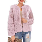 Women's Short Plush Bomber Jacket made of Faux Fur with Boxy Silhouette and Panel Sleeves Fashion Glam