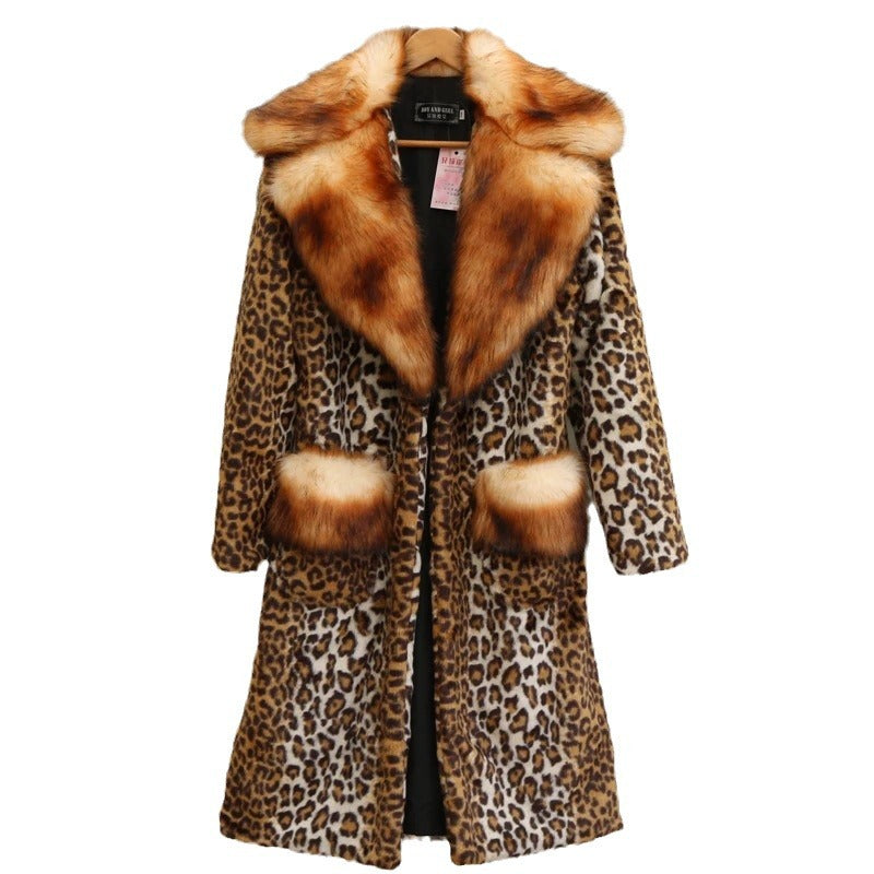 Women’s Longer Faux Fur Coat in Leopard Print with Large Fur Collar and Pocket Trim Fashion Glam