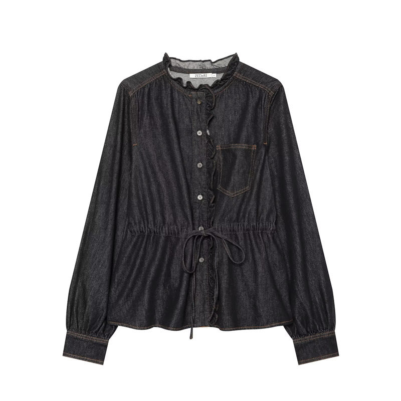 Women's tailored blouse jacket in denim look with ruffle collar and drawstring Fashion Glam