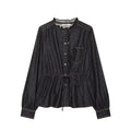 Women's tailored blouse jacket in denim look with ruffle collar and drawstring Fashion Glam