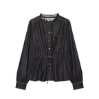 Women's tailored blouse jacket in denim look with ruffle collar and drawstring Fashion Glam
