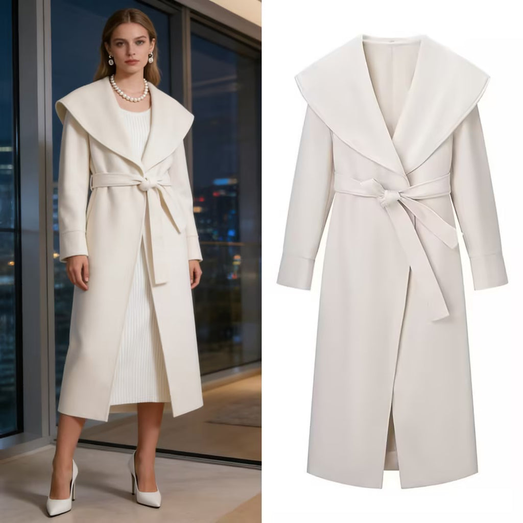 Women Elegant Coat with Oversized Shawl Collar and Tied Belt Fashion Glam
