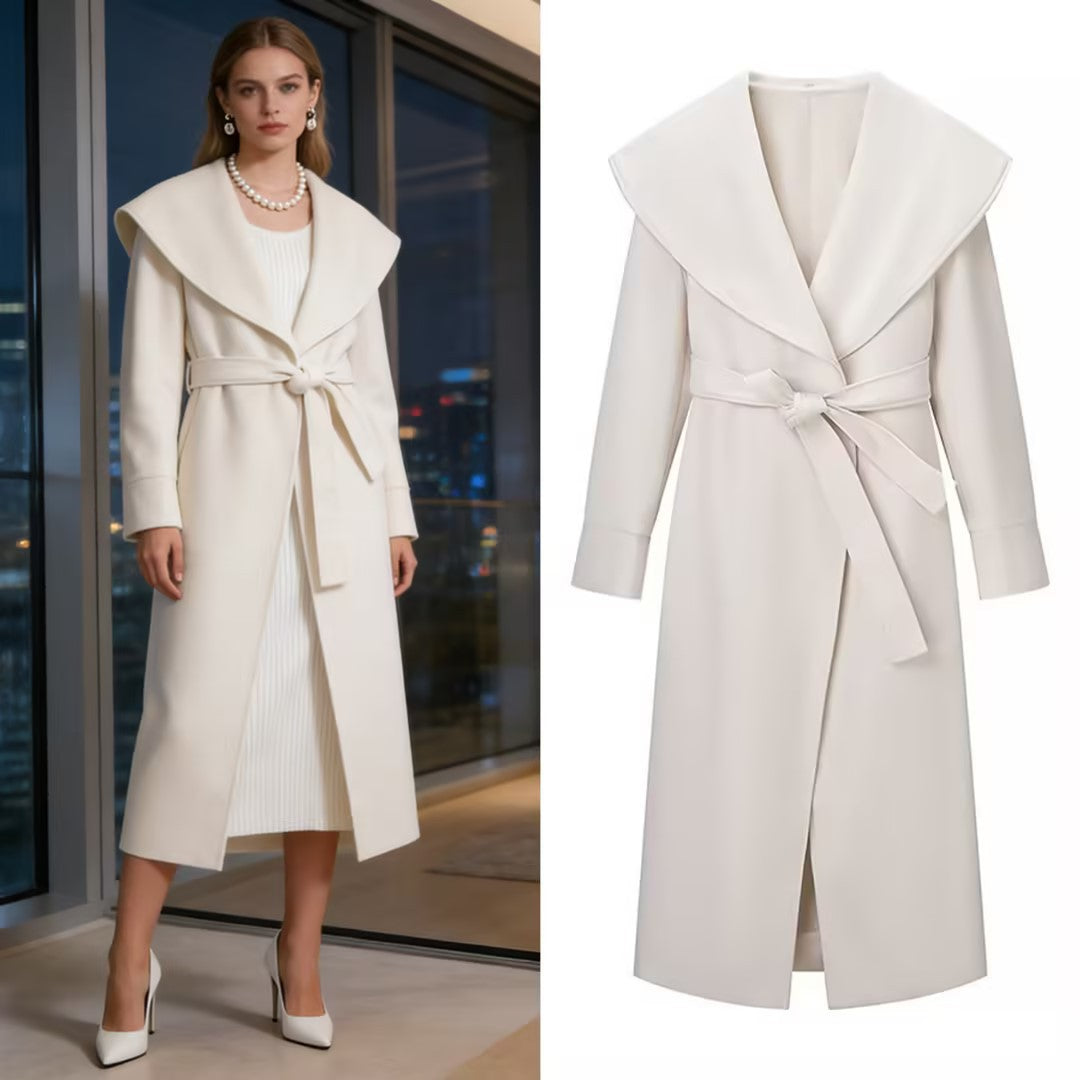Women Elegant Coat with Oversized Shawl Collar and Tied Belt Fashion Glam