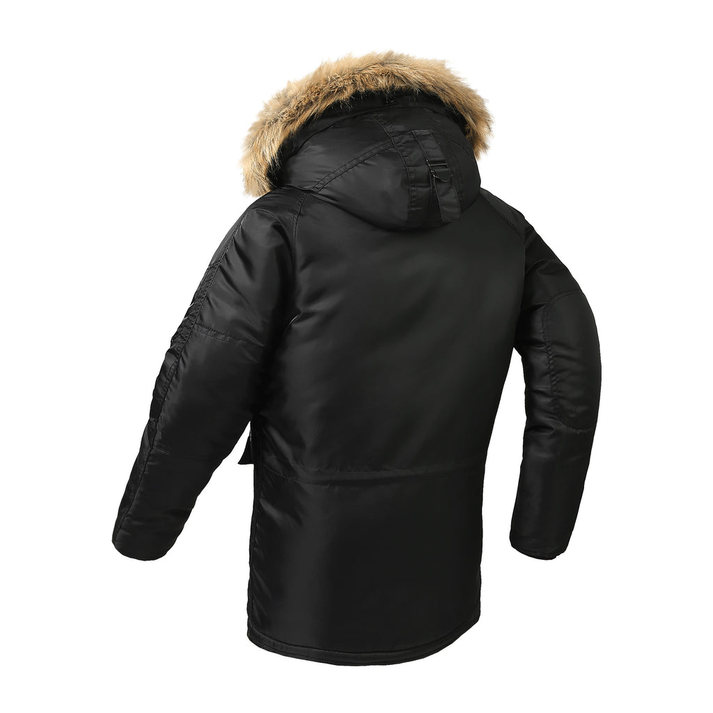 Men's longer thermal insulated parka with faux fur hood and utility pockets Fashion Glam