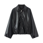 Women Oversize Faux Leather Blouson with Zipper and Elastic Hem Fashion Glam