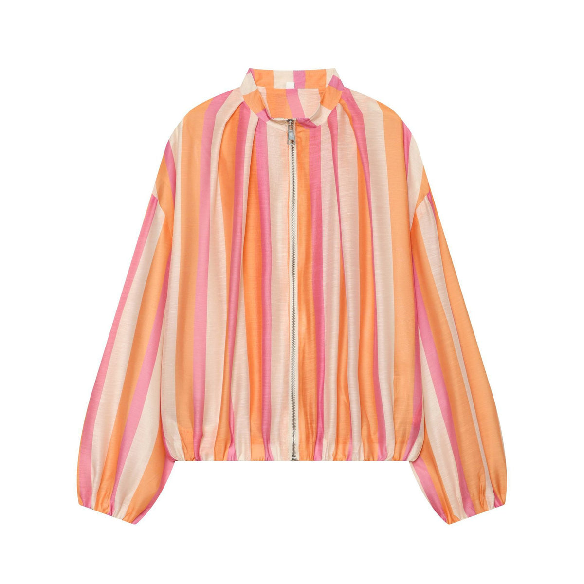 Women's Striped Cropped Bomber Jacket with High Stand Collar, Balloon Sleeves and Zipper Fashion Glam