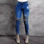 Women Stretch Skinny Jeans with High Waist, Knee Ripped Details and Leo Underlay Fashion Glam