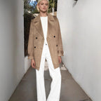 Women's Double Breasted Suede Effect Trench Coat with Waist Belt Fashion Glam