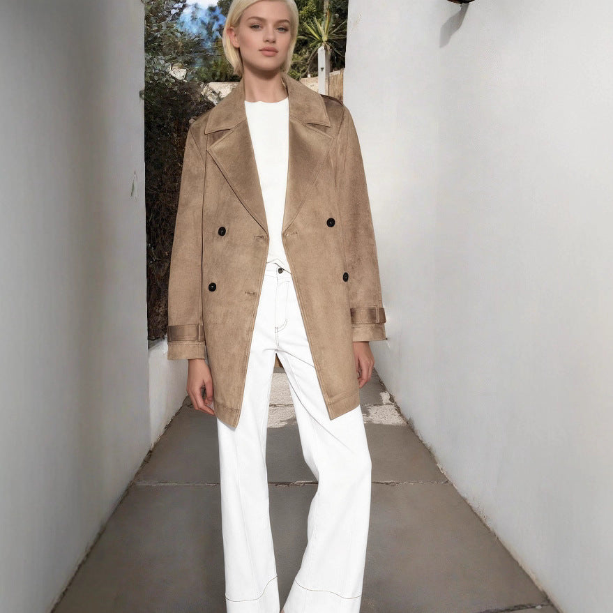 Women's Double Breasted Suede Effect Trench Coat with Waist Belt Fashion Glam