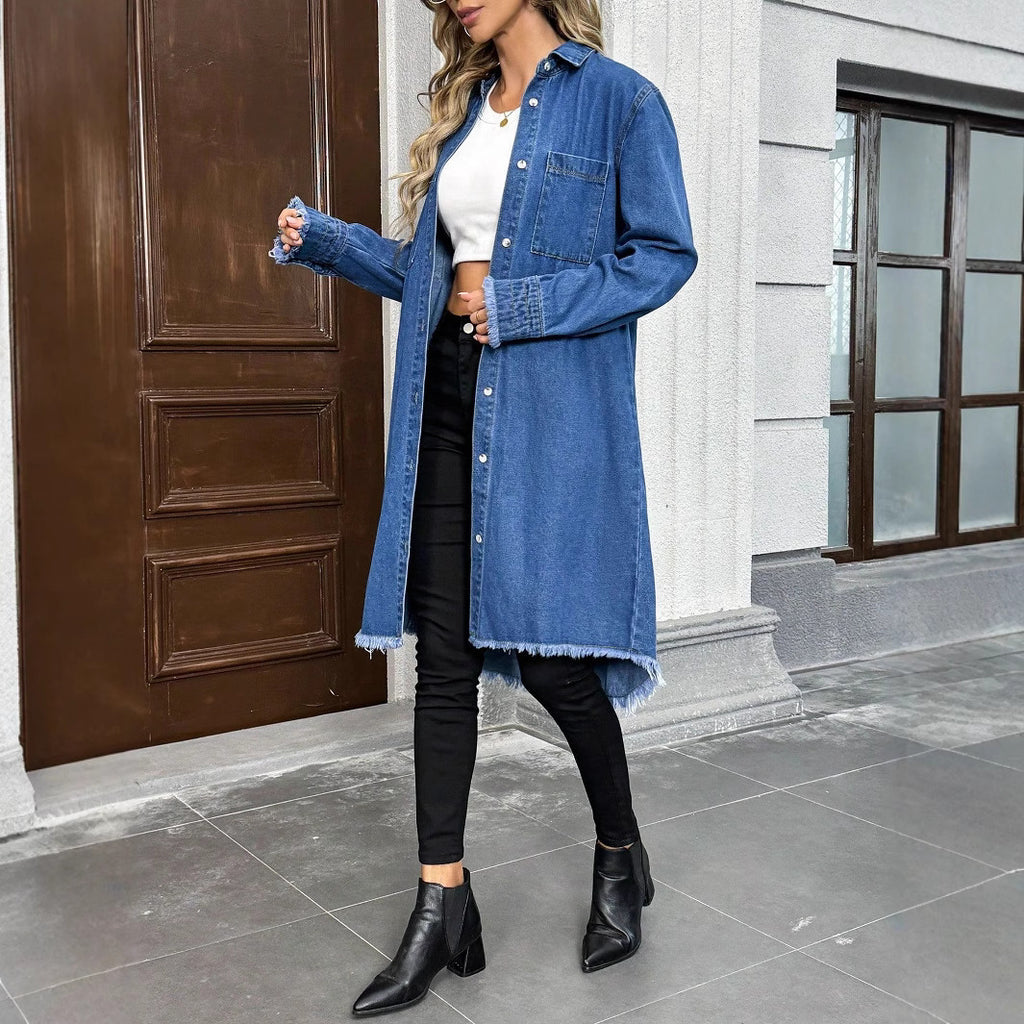 Women's Oversize Denim Shirt Jacket in Longline Cut with Frayed Hem Fashion Glam