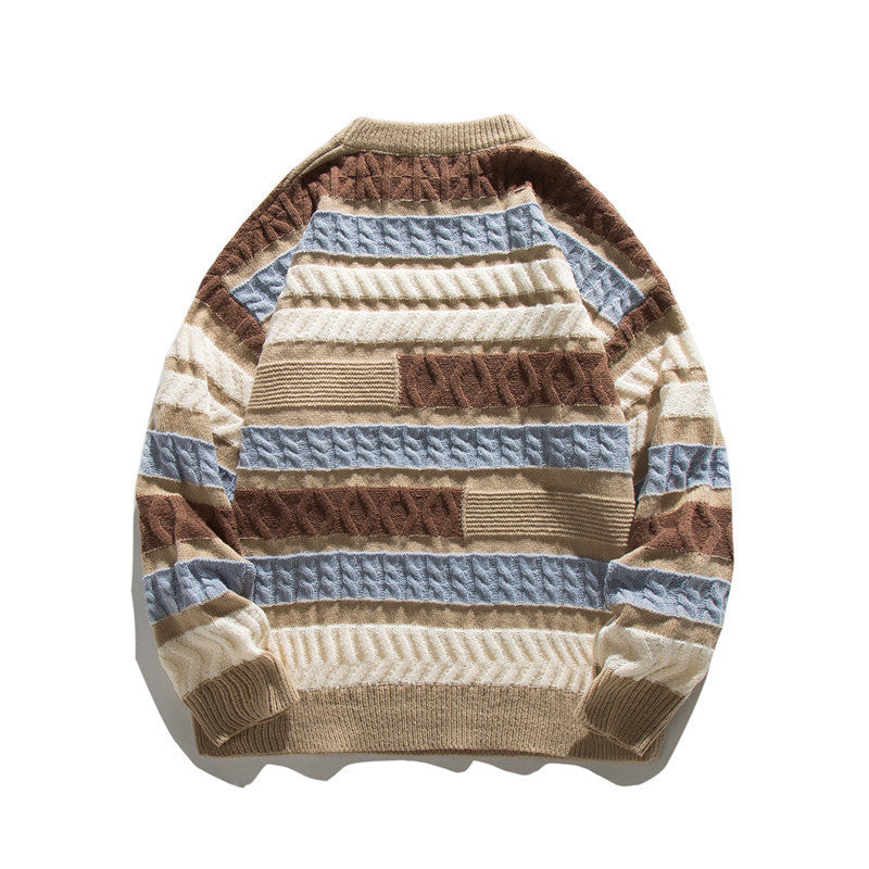 Unisex Oversize Knit Sweater with Patchwork Cable Pattern and Round Neck Fashion Glam