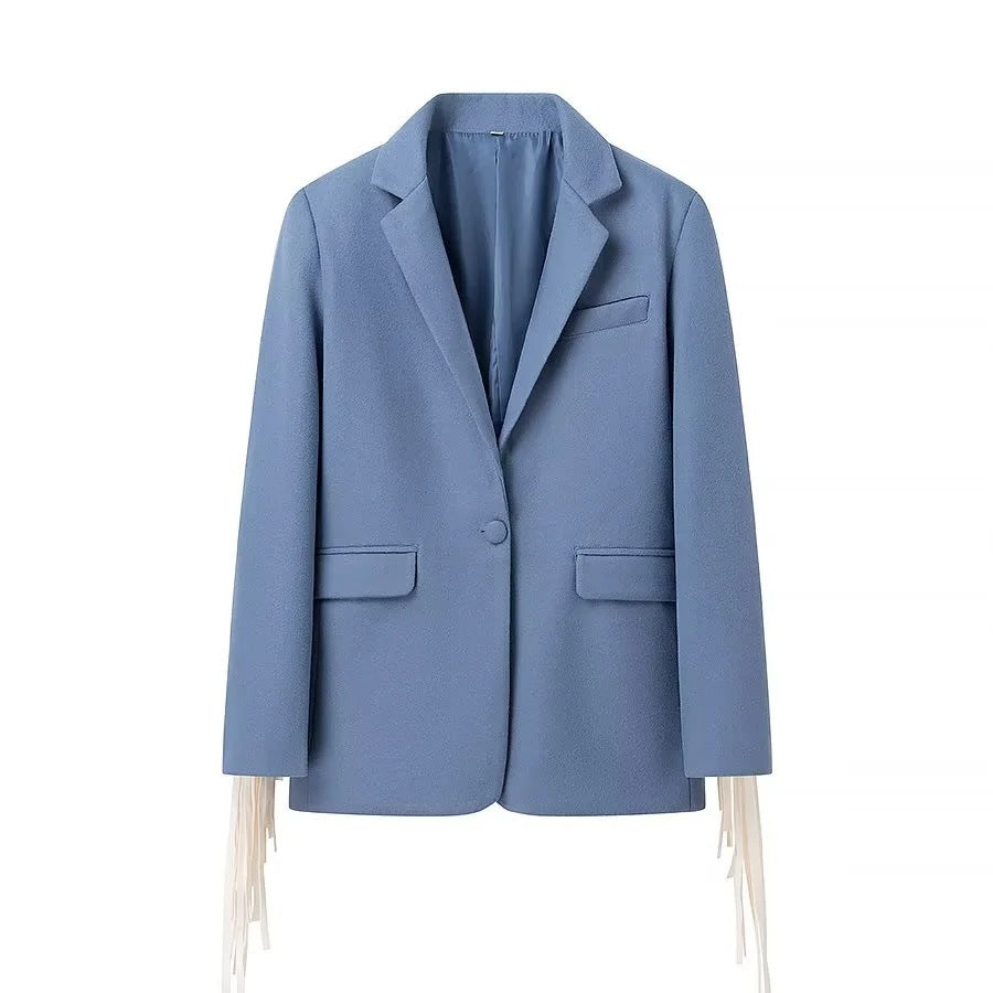Women's Oversize Suede Look Blazer with Extra Long Fringe Trim and Contrast Stitch Fashion Glam