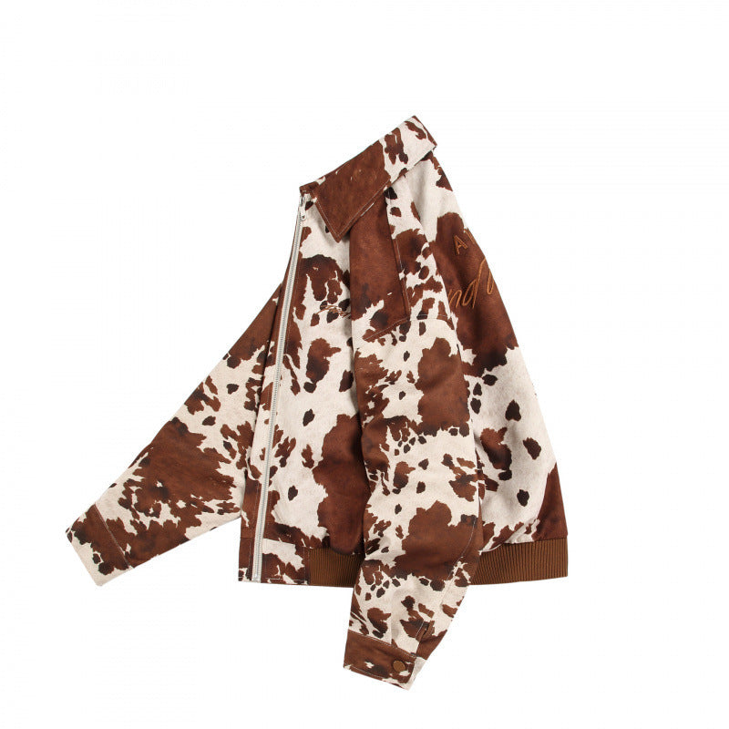 Unisex Boxy Bomber Jacket with Cow Pattern, Zipper and Ribbed Cuff Fashion Glam