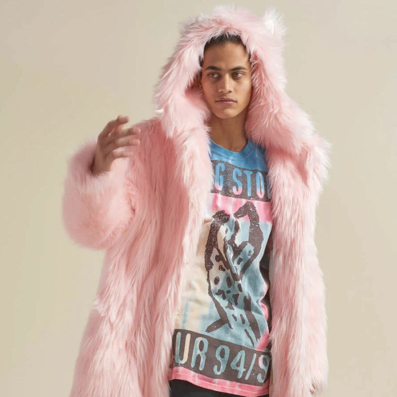 Women's Longer Hooded Faux Fur Coat with Animal Ears and Fluffy High Pile Fashion Glam