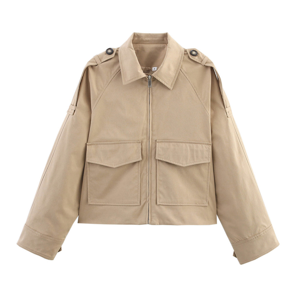 Women's Short Cut Utility Jacket in Military Look with Flap Pockets, Epaulettes and Zipper Fashion Glam