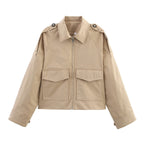 Women's Short Cut Utility Jacket in Military Look with Flap Pockets, Epaulettes and Zipper Fashion Glam