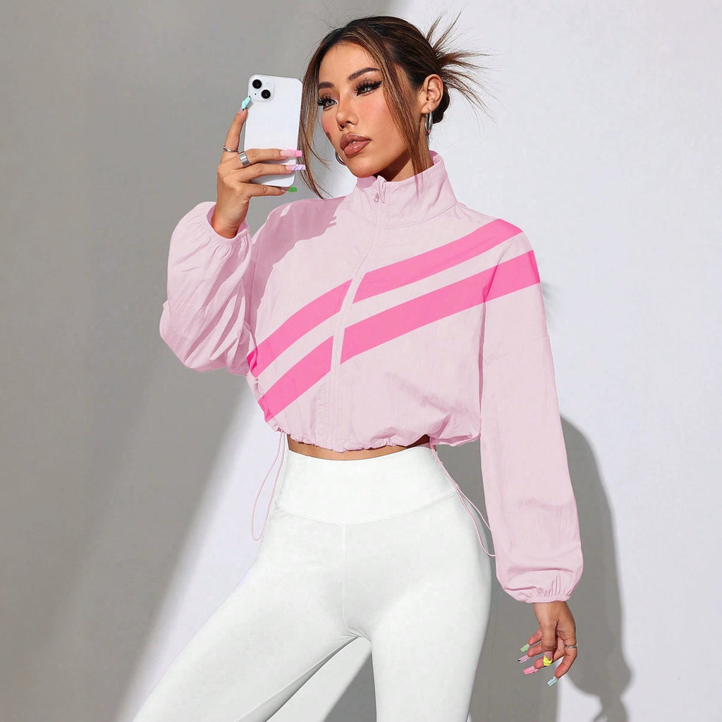 Women's Cropped Windbreaker with Stand-up Collar, Zipper and Drawstring Waist Fashion Glam