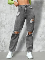 Ladies High-Waist Ripped Straight-Leg Jeans with Knee Cutouts and Used Wash Fashion Glam