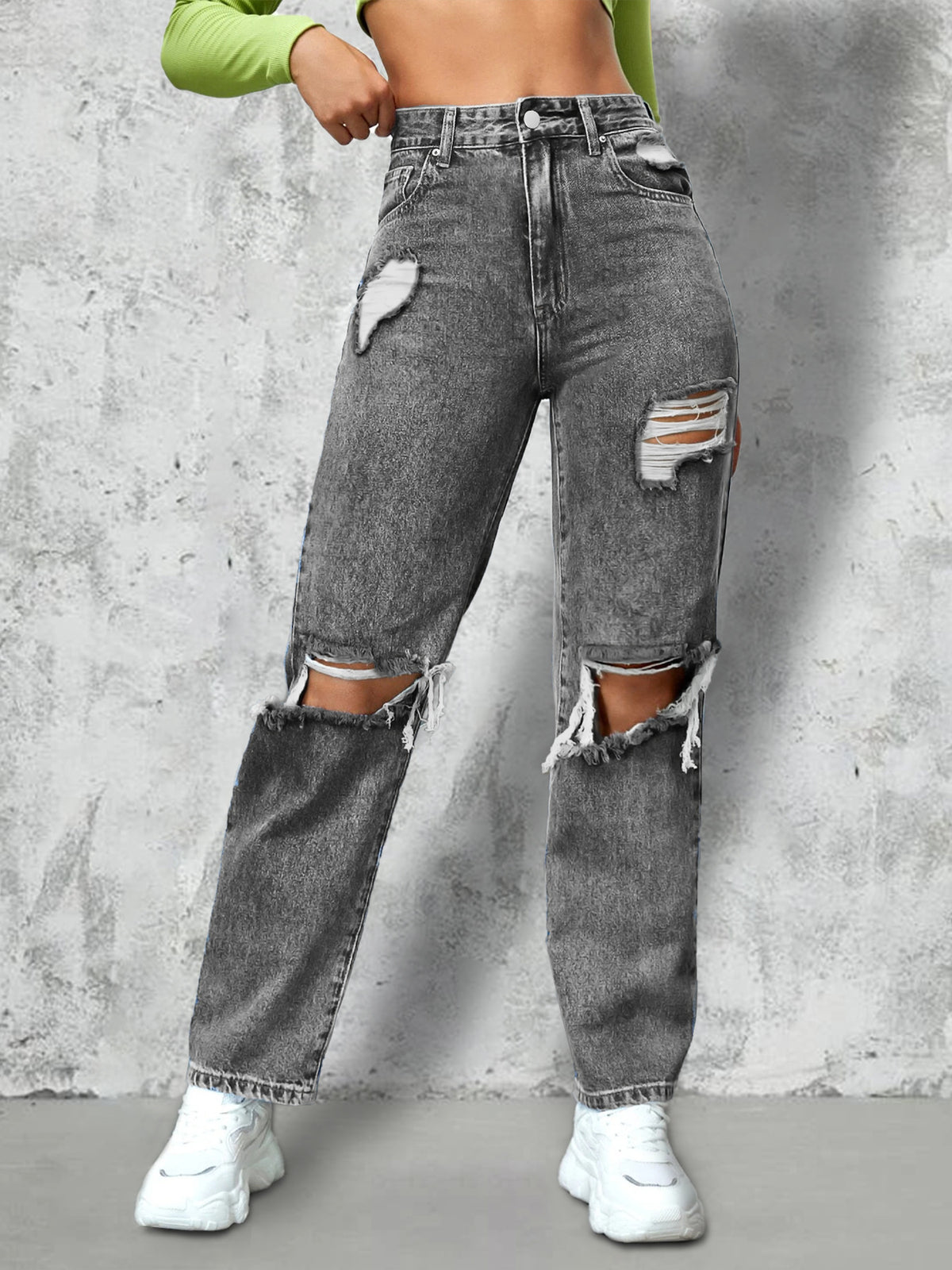 Ladies High-Waist Ripped Straight-Leg Jeans with Knee Cutouts and Used Wash Fashion Glam